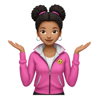 Menina negra estilo clean girl, cabelo crespo em coque, pele bronzeada, expressão sorridente e confiante, roupas claras e modernas — jaqueta esportiva rosa com zíper, blusa branca por baixo, calça legging preta.  sticker