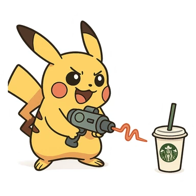 fun and whimsical Pikachu with a shrinking ray pointed at a Starbucks cup sticker