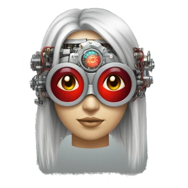 Silver long hair female cyborg head with red steampunk goggles and circuits sticker