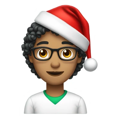 Unisex person ’light skin’ ’short curly dark green hair’ in a ’red Santa hat’ and black teacher  sticker