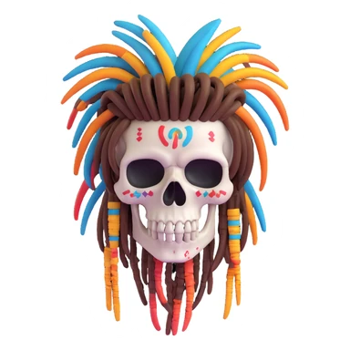 3D cartoon skull with colorful dreadlocks, exaggerated features sticker