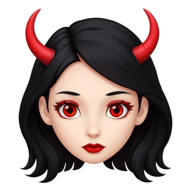A girl's face with cheekbones, red skin, long black hair, small red horns, and red eyes. sticker