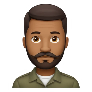 man with an oval face, medium-dark skin tone, short dark hair with a fade cut on the sides and volume on top, dark brown eyes, medium straight nose, full lips, full well-trimmed beard with connected mustache, small earring in left ear sticker