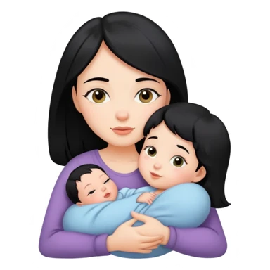 girl with black hair hugs a newborn baby and a girl sticker