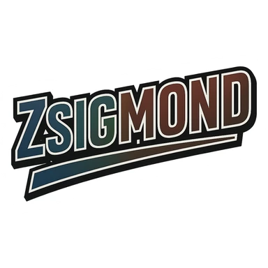 The name 'Zsigmond' in a masculine, modern, gradient font with precise Hungarian characters, dark contour, extra wide and prominent white letter border as in sample images, dynamic slanted underline, masculine color shades including blue, gray, burgundy, green, and brown, 1000x1000 px, PNG, transparent background. sticker