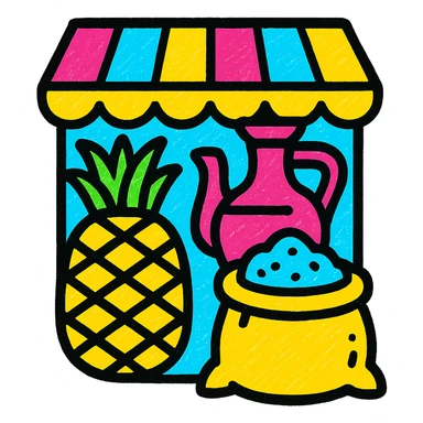A vibrant icon of a marketplace with various international goods sticker