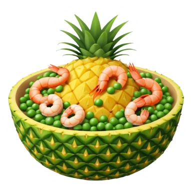 pineapple fried rice emoji, pineapple bowl with golden rice, peas, carrots, and shrimp, cinematic lighting sticker