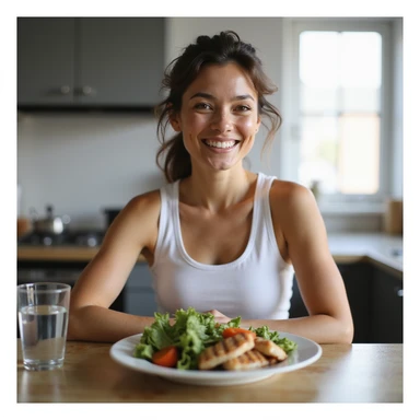 Smiling woman with healthy appearance and balanced physique, sitting at a table with a plate rich in vegetables and lean proteins, glass of water, bright atmosphere, hyperrealistic 4K details, modern kitchen. Variant 2. sticker