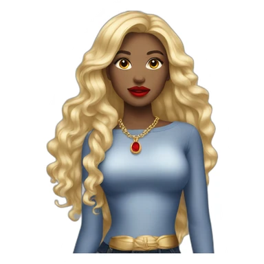 woman, big blonde long hair, gold jewerly, red lipstick sticker