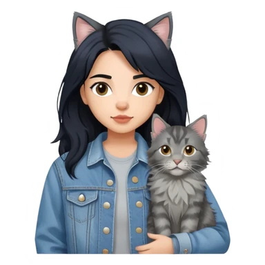girl with black hair wearing denim jacket with gray maine coon cat sticker