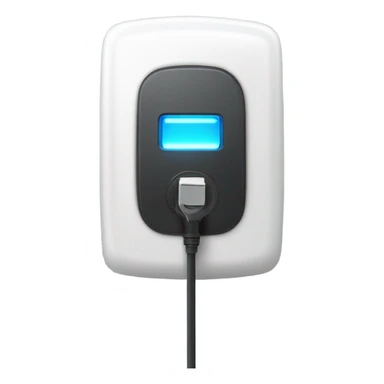 ev charger with a squircle shape and a led ring in front with a charging plug danglig  sticker