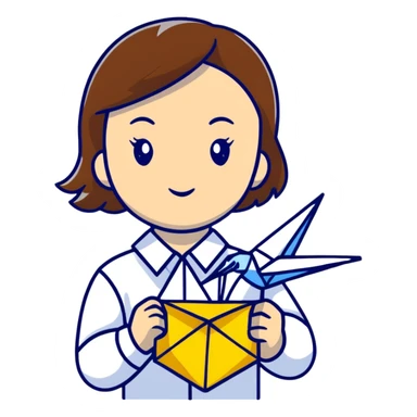 Ukrainian young girl with brown hair wearing a white embroidered shirt holds an origami yellow-blue crane sticker