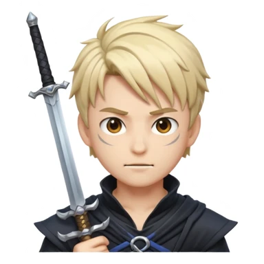 Way cooler with aura very aura and shadow on his face and adult face body Create me an anime character boy emoji looking very cool with swords on his hand sticker