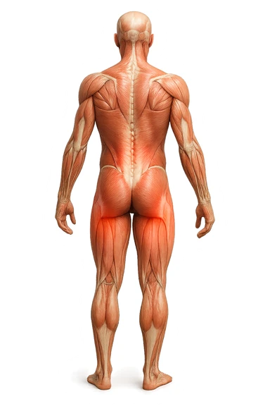 CORPO UMANO ANATOMICO A FIGURA INTERA REALISTICO DI SPALLE CON DOLORE ALLA LOMBARE INFIAMMATA, DOLORE ALL'ANCA, IPERREALISTICO 4K sticker