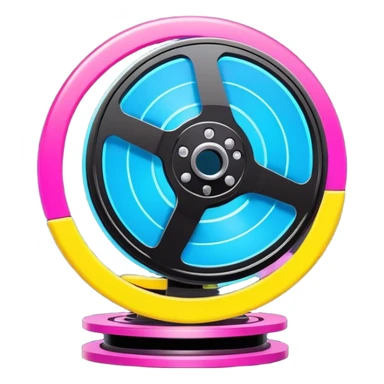 Bright, colorful icon symbolizing Animation and Motion Design with a transparent background. Include a dynamic motion effect, such as a spinning film reel or a stylized character in motion. Use vibrant colors like neon blue, pink, and yellow, with a modern, techy feel.  sticker