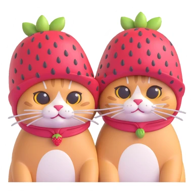 A pair of cats side by side, each adorned with a strawberry hat sticker