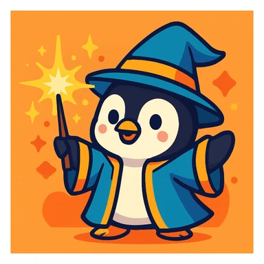 a cute penguin wizard casting a sparkling spell, wearing a robe and hat, in a colorful cartoon style sticker