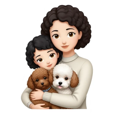 woman with short black hair hugging a brown poodle and a white bichon frise sticker