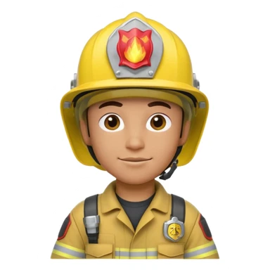 3D cartoon-style firefighter in the Apple emoji style, wearing a bright yellow helmet and fireproof uniform, front-facing, soft lighting, white background. sticker