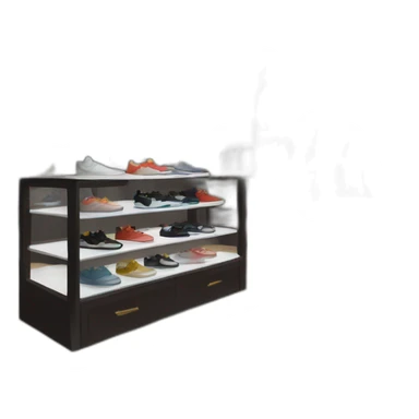 cartoon-styled interior of a expensive sneaker store with some clothes and bags in neutral dark non-bright colors sticker