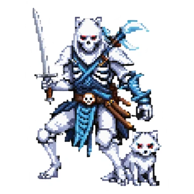 pixel art ninja skeleton wielding swords, accompanied by a white wolf sticker