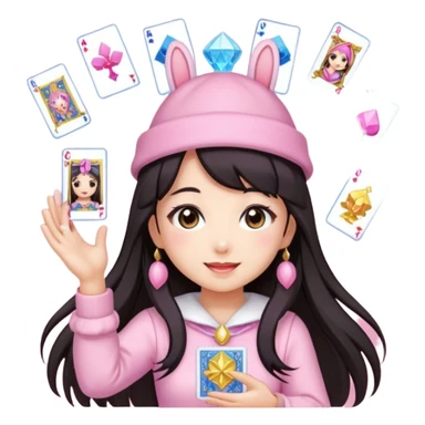 pixel art chibi gear asian girl with dark long hair in pink bunny ears hat magical girl with kawaii tarot cards thrown in air pixel emoji sticker