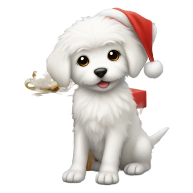 Fluffy white puppy wearing Santa hat with present sticker