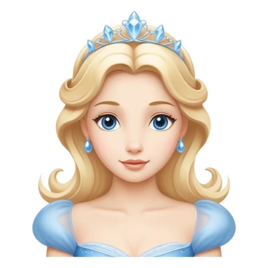 Cinematic Timeless Cinderella Portrait Emoji, rendered in a realistic, simplified vector style. Depict a classic Cinderella with delicate fair skin, beautifully styled blonde hair, and a calm, content expression, dressed in her iconic gown. The design is highlighted by a soft glowing outline and gentle, enchanting luminosity, capturing the essence of pure fairy-tale elegance. sticker