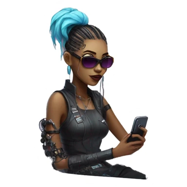 Cyberpunk girl with the phone sitting it fashionable co-working area sticker