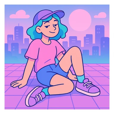 vaporwave chill girl, sitting on a grid, cityscape in background, soft glow, relaxed and dreamy sticker