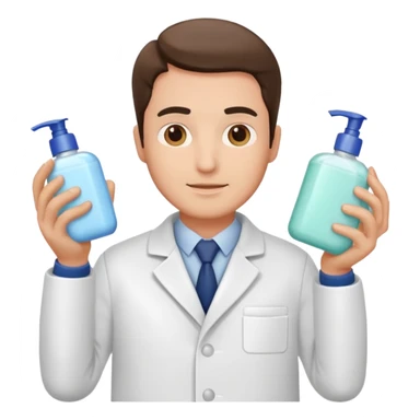 man with white coat holding skincare products sticker