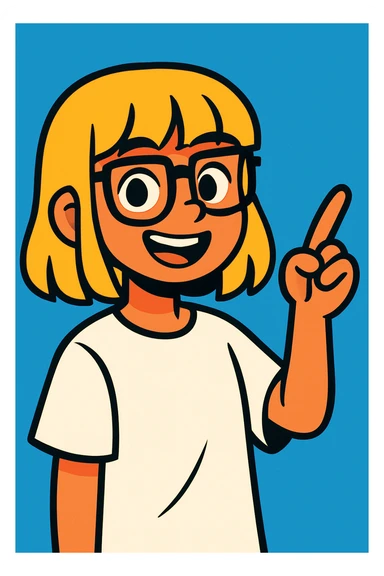 Smiling girl with blonde hair, bangs, and brown eyes, wearing black square glasses and a white oversized T-shirt, pointing her finger up to the right, vibrant cartoon style sticker