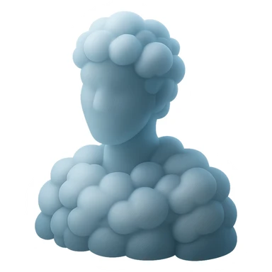 shoulder-up portrait of a person facing forward, fully composed of bright, convex clouds, matte glass style sticker
