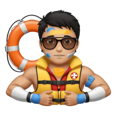 Dark Tan Muscular lifeguard with messy black hair with sunglasses, with life preserver sticker