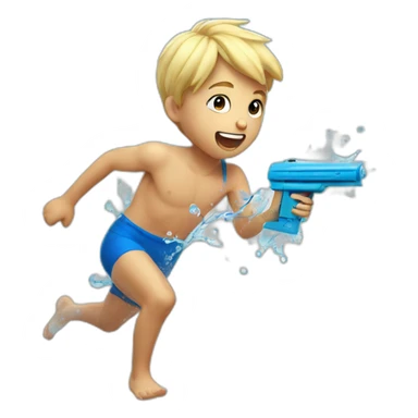 a 5 years old blonde boy in blue swimsuit running with a water gun sticker