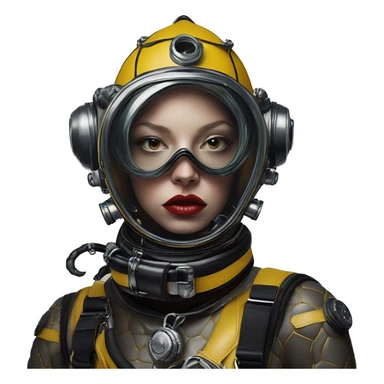 Wasp diver in Dior Gucci Hermes leather straps, oil paint, mysterious eyes, intricate lips, masterpiece portrait , odd perspective, beautiful, desirable, logical sticker