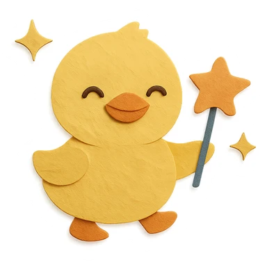 duckling with a star-shaped lollipop, surrounded by sparkles, paper-craft style sticker