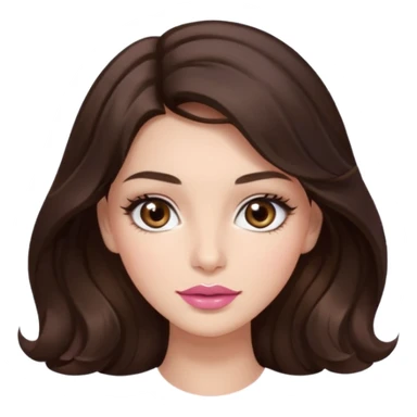 girl with wavy long glamorous dark brown hair, brown eyes, light to medium complexion, long lashes, almond shaped eyes, light pink lipstick, square shaped face sticker