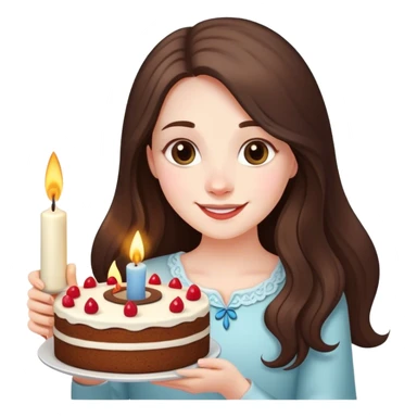 happy beautiful pale brunette girl with long hair holding a piece of cake with candle sticker