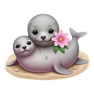 A small, slim baby seal resting gracefully on a sandy beach, with a delicate pink flower placed on its head.  Grey color sticker