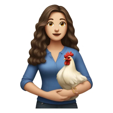 white brunette woman with long hair and brown eyes holding a chicken sticker