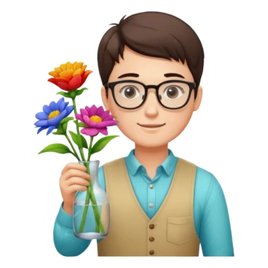 Young male florist – wearing glasses, arranging flowers in a vase. sticker