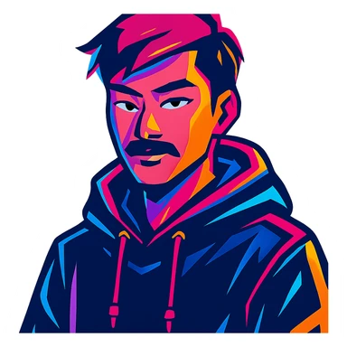 Asian man with black mustache, red hair, black hoodie, in vibrant neon-lit 80's cyberpunk anime style sticker