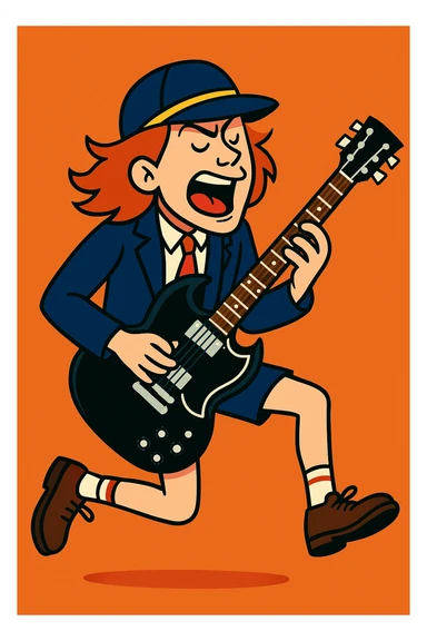 Angus Young in a schoolboy outfit, cap and tie, playing electric guitar, vibrant toon style sticker