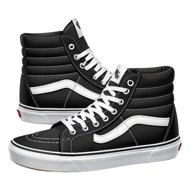 Black Vans Sk8-Hi shoes arranged as a neat pair with the back shoe slightly offset behind the front one, detailed high tops with signature white stripe and waffle soles sticker