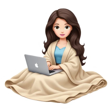 Barbie girl with a long wavy dark brown hair inside a pale beige blanket working macbook  sticker
