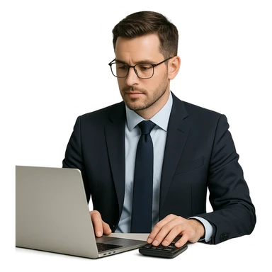 modern accountant, professional, using a laptop, business attire, clean and contemporary look sticker