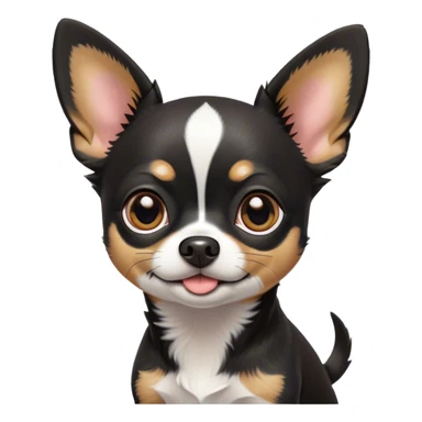 Cinematic Cute Black Tri Short Haired Chihuahua Portrait Emoji, Head tilted playfully and inquisitively, sleek black tri-color fur with bold patches of white and tan, round, sparkling dark eyes filled with curiosity, Simplified yet irresistibly adorable features, highly detailed, glowing with a warm, friendly glow, high shine, affectionate and lively, stylized with a touch of whimsy, bright and endearing, soft glowing outline, capturing the essence of a mischievous yet loving pup, so playful it feels like it could bound out of the screen and into your arms! sticker