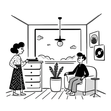 A mid-century modern living room with two people working on laptops — a woman standing at a dresser and a man sitting on a couch. The room has visible floor and two walls forming a corner, large window, modern pendant lamp, turntable, vinyl record stand, retro posters on the wall sticker