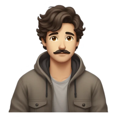 20 year old men with a mustache and dark brown hair and brown eyes snuggled up sitting on the floor of the street with a passive aggressive face sticker